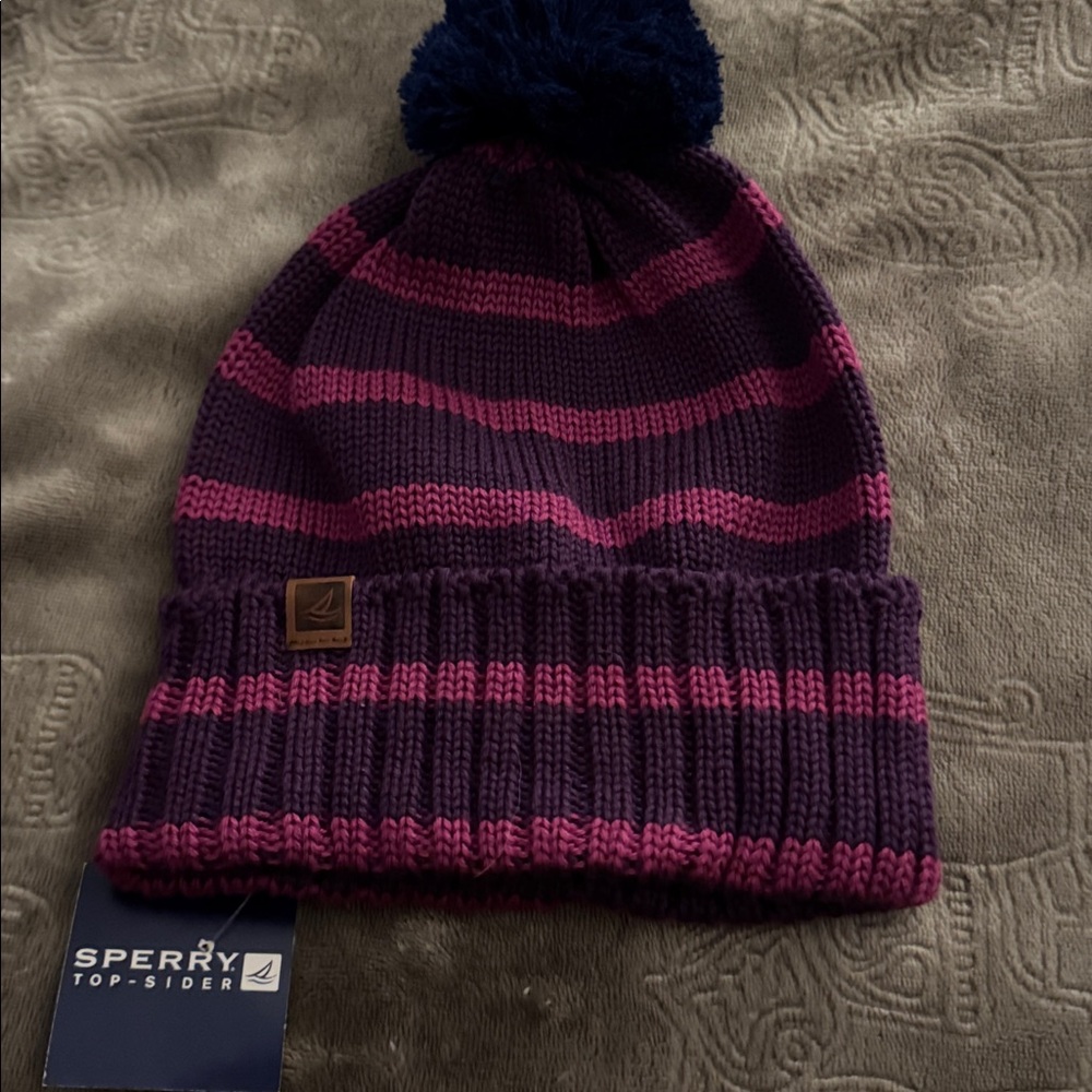 Sperry Knit Beanie with Purple and Pink Stripes NEW w tags